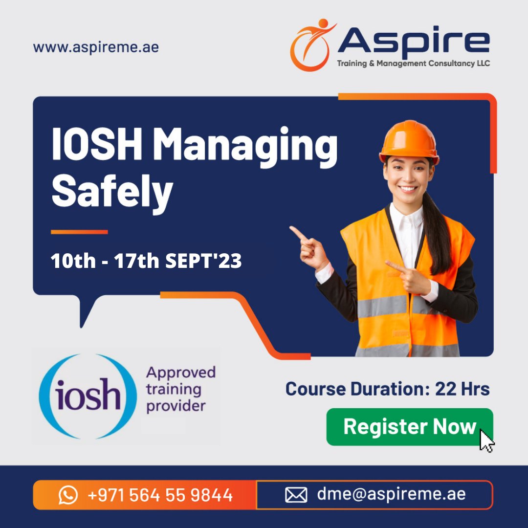 AspireTMC's tweet photo. Join Our IOSH Managing Safely Training from Sept 10th to 17th, 2023! Register at ๐ฒ+971564559844 or Email: dme@aspireme.ae
#ioshtraining #safetytraining #ioshmanagingsafely #workplacesafety #safetyfirst #skillsdevelopment #professionaltraining #safetymanagement #secureworkplace https://t.co/J8zNNHLTyY