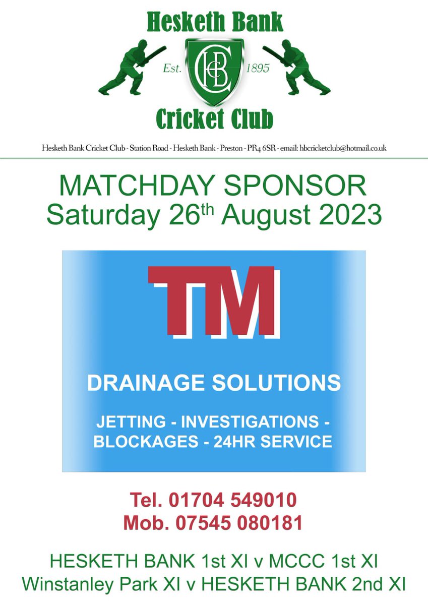 HeskethBankCC's tweet photo. This week’s match day kindly sponsored by TM Drainage Solutions https://t.co/me3e4IVvYX