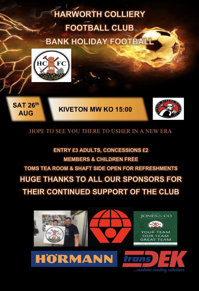 HCIFC's tweet photo. 🧡Matchday🖤
🆚 @kivomwfc 
🏆 @CentralMidsFL 
⏰ 15:00
🏟 @Jones_solicitor Rec
📍 DN118AD 
🎟 adults £3 Concessions £2
🎫 Members and kids free 
📖 Programs £1
🥩Legendary Meat Raffle £1 
🥧Toms Tea room Open
🍺Shaft side Open
#VivaColliery https://t.co/58VtvxHfbS