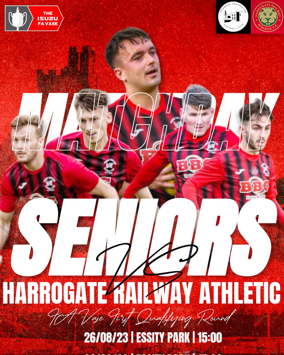 IT'S MATCHDAY!

The Seniors make history, as they enter the FA Vase for the first time...

🏆FA Vase
📅 26/08/23
🆚️ <a href="/THERAILFC/">Harrogate Railway Athletic FC</a>
🏠 Essity Park, NE42 5EH
⏰️ 3:00pm
🎟 £6 adults | £3 concessions | FREE for u16's

Thanks to our match sponsors, Bond Electrical!

#YC ♥️🖤