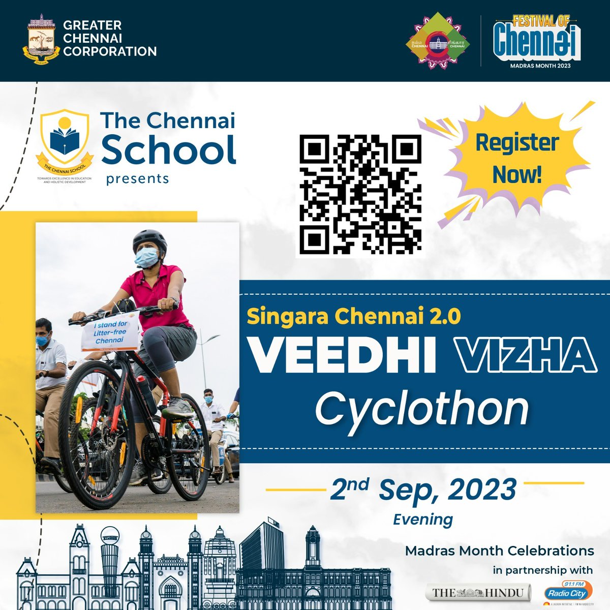 Hey, #Chennai
#SingaraChennai2.0 Veedhi Vizha is back!
As part of the #FestivalofChennai celebrations, #GCC organises a cyclothon emphasizing on #LitterfreeChennai.
Pledge & pedal with us for a cleaner & greener #Chennai.
The first 400 cyclists who register will get T-shirts!