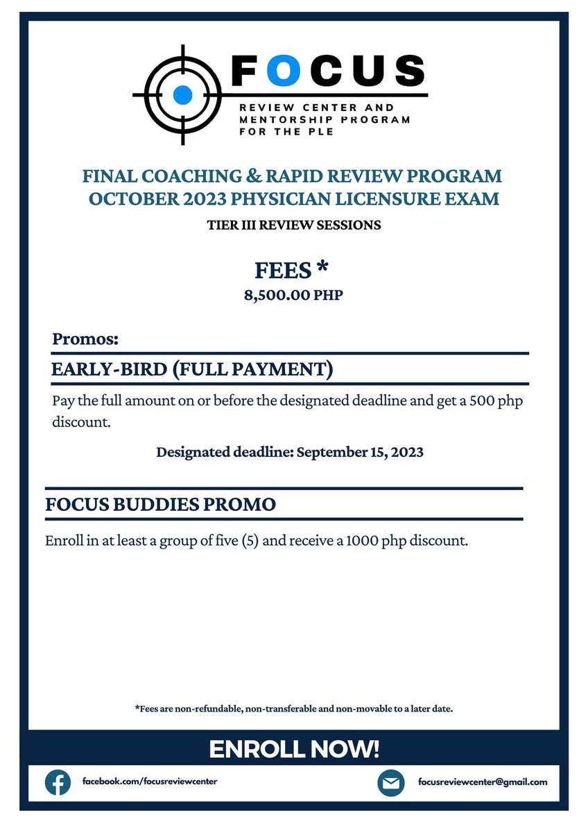 focusrevcenter's tweet photo. Greetings Future MDs! π©Ί
Enrollment for our much-awaited FINAL COACHING AND RAPID REVIEW PROGRAM for the OCTOBER 2023 PLE is now OPEN! π―ππ»πͺπ»
Register by clicking this link or scanning the QR code:
https://t.co/EM8TMT0yky
#stayFOCUSed https://t.co/Hsmju1CFR2