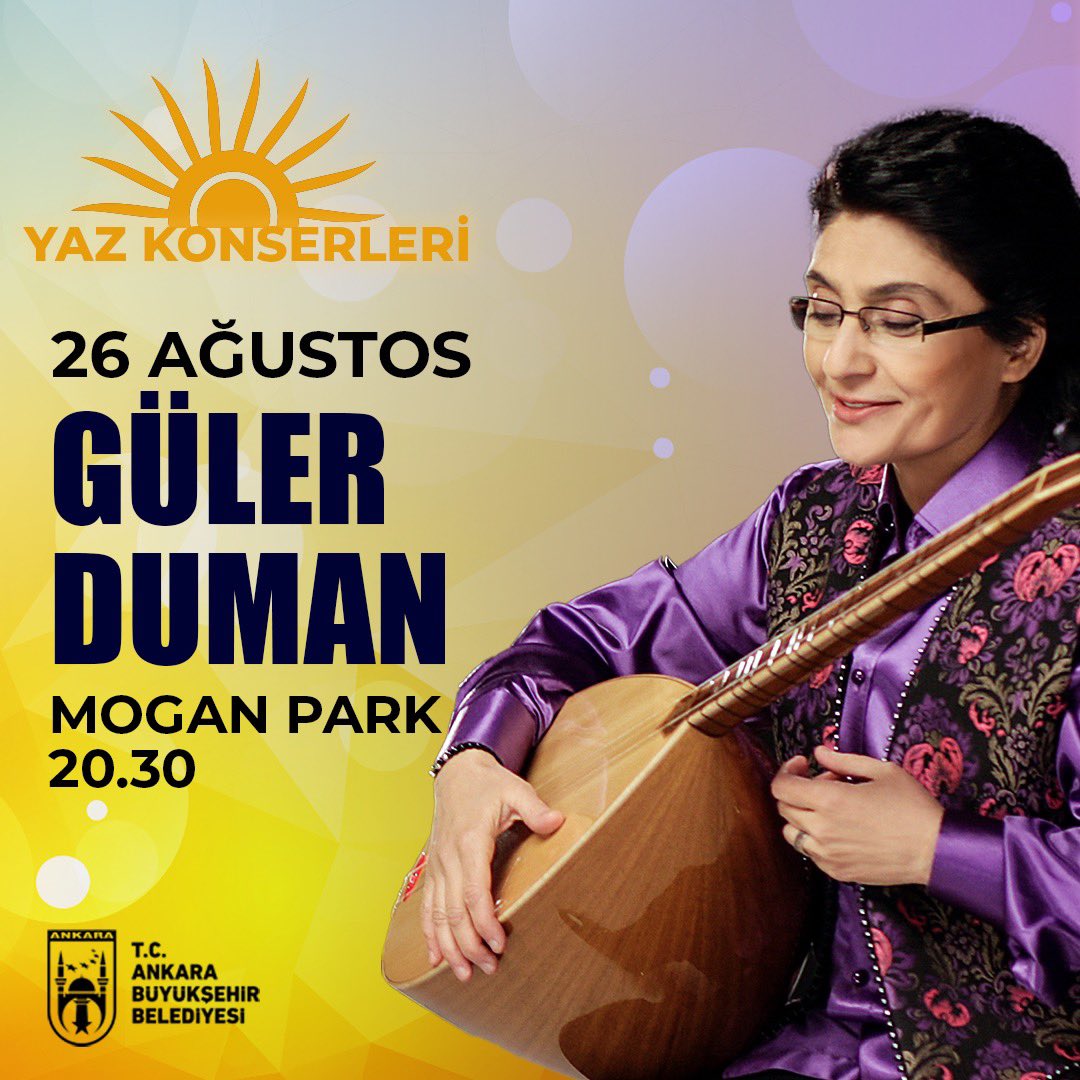 ☀️ Yaz konserlerimize Türk Halk Müziği’nin sevilen sesleri ile devam ediyoruz.

🎶 26 AĞUSTOS
🕤 20.30

🎤 <a href="/sevcanorhan/">Sevcan Orhan</a>
📍 Haymana / Cimcime Meydanı

🎤 <a href="/gulerduman/">Güler Duman Official</a>
📍 Mogan Park / Gölbaşı