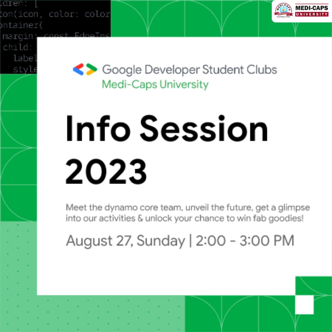 🌟Join us at the INFO SESSION 2023 as we embark on a new beginning for a new era of innovations! 
Save the date: August 27th, 2023!🌠 
Let's unveil this chapter together! 
RSVP now: gdsc.community.dev/e/mzqb6c/