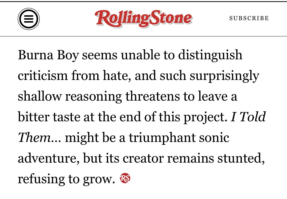 OneJoblessBoy's tweet photo. Rolling Stone’s review of Burna Boy’s I Told Them album https://t.co/WsmuzY6OZW