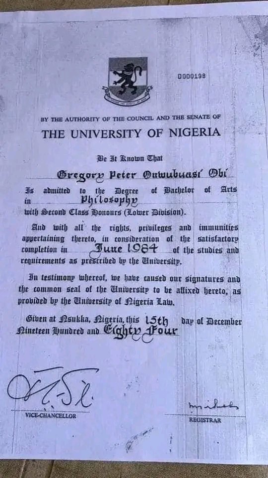 PO_GrassRootM's tweet photo. H.E Peter Obi's, University of Nigeria Nduka (UNN) certificate & NYSC certificate has been in the public domain and has been verified a thousand times by classmates, schoolmates, lecturers, Corp members, and other vital informations. We are not in the business of certificate forgery Go And Verify.