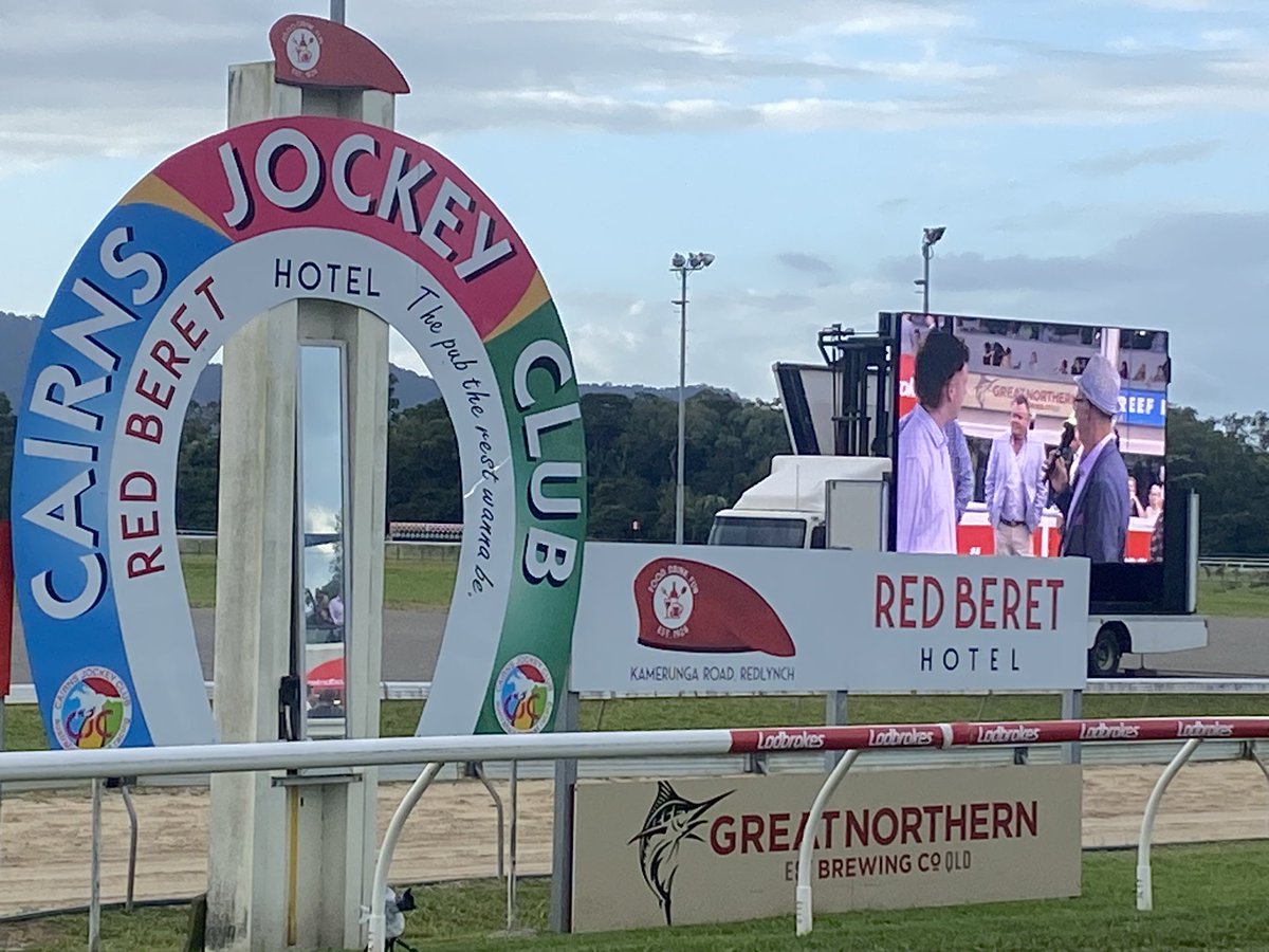 ricmacracing's tweet photo. Cairns Cup Day A ripper - and for my Victorian Friends the Legendary Bluey Forsyth (from The Western districts) presented with a memento from the club for 25 consecutive cup calls https://t.co/QwcdyyJAQX