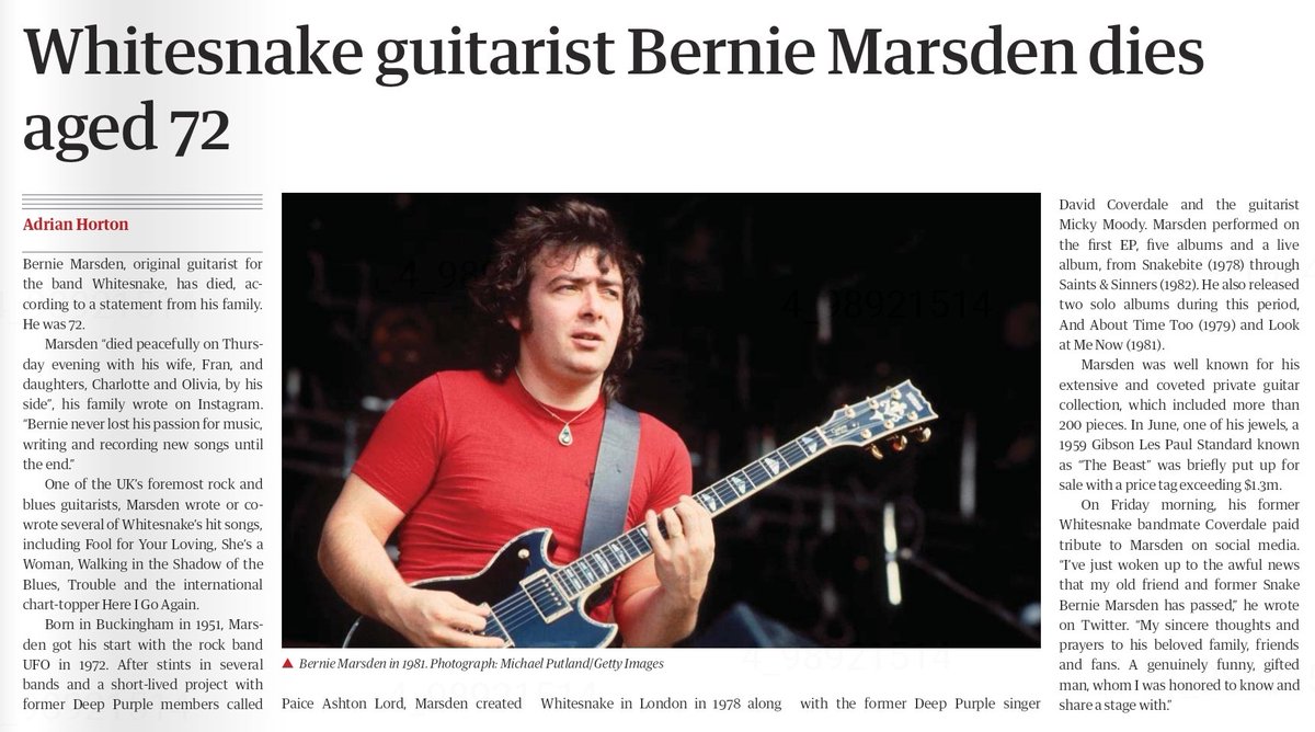 LakotaDi's tweet photo. So sad.๐
Guardian USA 26 August issue has the sad news that Bernie Marsden has passed away. Thanks for the great music and memories you leave behind.โค
#RIPBernieMarsden https://t.co/NrF94wwcMw