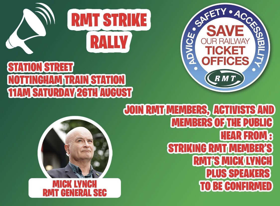 Support railway workers on strike today to #SaveTicketOffices. @RMTunion rally 11am #Nottingham Station with #MickLynch #Solidarity #RMT #SaveRailwayTicketOffices