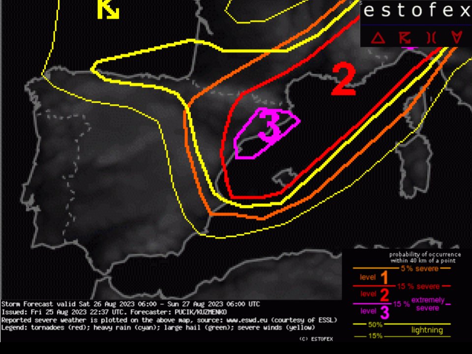 El pronòstic d'Estofex per aquesta tarda i fins demà a primeres hores del matí fa respecte. Activen el NIVELL 3 d'avís (és a dir, el màxim) a Catalunya. El comunicat n'adjunta el motiu: risc de pedra grossa, fortes ratxes de vent, pluges fortes i risc de tornados. Atenció!