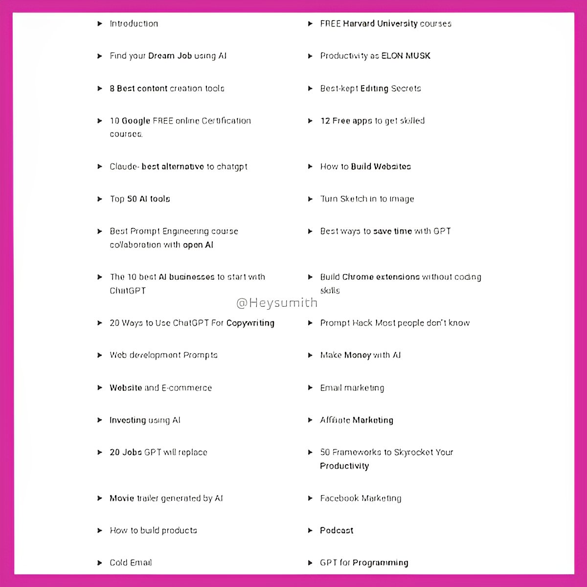 🔥𝐀𝐈 𝐢𝐬 𝐭𝐡𝐞 𝐛𝐞𝐬𝐭 𝐬𝐤𝐢𝐥𝐥 𝐨𝐧𝐞 𝐬𝐡𝐨𝐮𝐥𝐝 𝐡𝐚𝐯𝐞 𝐢𝐧 𝟐𝟎𝟐𝟑

ChatGPT (AI) is super powerful.   

That's why I built this new "Ultimate AI crash course"  

To get it:

⟶Like+Retweet
⟶Comment "GPT"
⟶Follow <a href="/HeySumith/">Sumith</a> (To DM you)