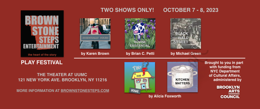 THE BROWNSTONE STEPS PLAY FESTIVAL returns to Brooklyn, NY on October 7-8, 2023 at the Theater at UUMC-121 NY Ave. at Dean St.  Currently consists of 5 new plays about topics on the trend in tiny homes to how families navigated the pandemic. Learn more: bit.ly/3qOojY9