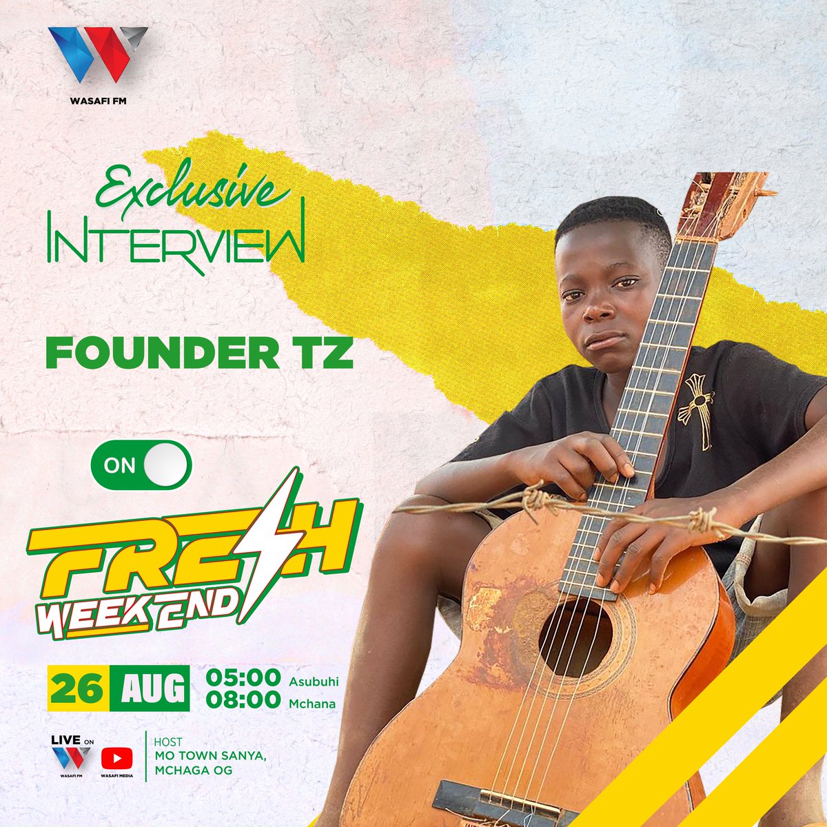 wasafitv's tweet photo. LEO KWENYE #FreshWeekend (SAA 5 HADI 8 KAMILI MCHANA) - @Founder_Tz1 π₯π₯π₯
JE, Unatamani Kumuona Pia Wasafi Festival 2023 ?
LIVE ON | @wasafifm & YouTube #WasafiMedia
With: @Motown_Sanya & @Mchaga_OG
#WasafiDigital https://t.co/ZFTJwHMWDC