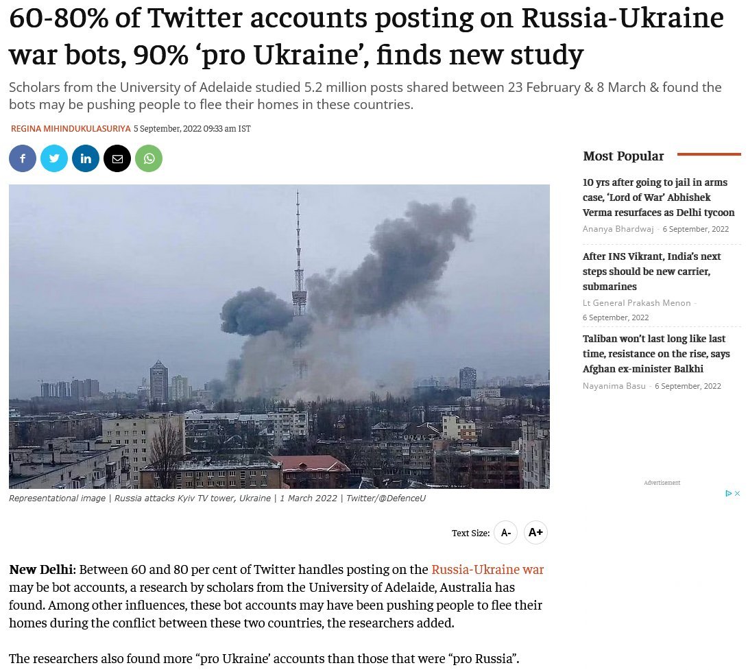 OneQuantumLeap's tweet image. Study finds 60-80% of Twitter accounts discussing Russia-Ukraine War were bots &amp;amp; that 90% of those were pro-Ukraine

Makes clear extent/nature of Western propaganda and how it overwhelms the general field of view, giving insight into how narrative bent to maintain war NATO losing