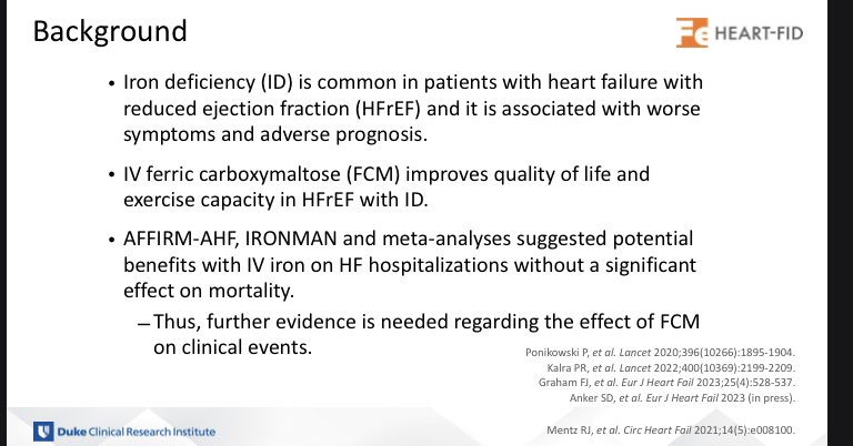 DrMarthaGulati's tweet photo. @robmentz presenting at #ESCCongress HEART-FID trial: ferric carboxymaltose in HFrEF &amp; iron deficiency
🔺1/3 💃🏻
🔺safe therapy by this trial
🔺did not meet endpoint prespecified but ⬇️☠️+HF 🏥+ ⬆️6MWD
🔺FCM use in HFrEF: what will you do?
@DukeHeartCenter https://t.co/zwHzw4WqmM