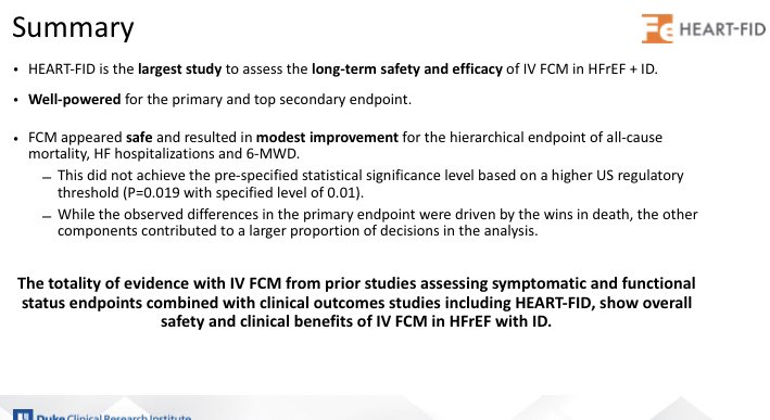 <a href="/robmentz/">Robert Mentz, MD</a> presenting at #ESCCongress HEART-FID trial: ferric carboxymaltose in HFrEF &amp; iron deficiency
🔺1/3 💃🏻
🔺safe therapy by this trial
🔺did not meet endpoint prespecified but ⬇️☠️+HF 🏥+ ⬆️6MWD
🔺FCM use in HFrEF: what will you do?
<a href="/DukeHeartCenter/">Duke Heart</a>