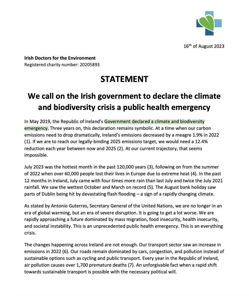 IrishDocsEnv's tweet photo. In May 2019, the government declared a climate &amp; biodiversity emergency. Following on from this, you'd expect rapid tangible #ClimateAction, but since, our overall emissions have barely dropped.

We need to to more - this is a public health crisis!
Our statement from August 16th. https://t.co/0sPDuw7zvI