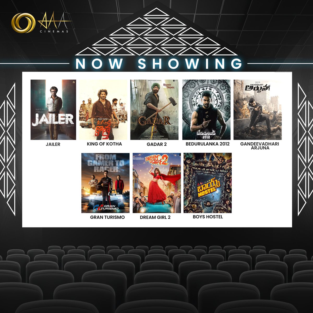 Witness the big screen magic only at #AAACinemas!! 

Book your tickets now!!

bit.ly/AAACinemasBook…

#Jailer #Gadar2 #KingOfKotha #Bedurulanka #GandeevadhariArjuna #GranTurismo #BoysHostel #DreamGirl2