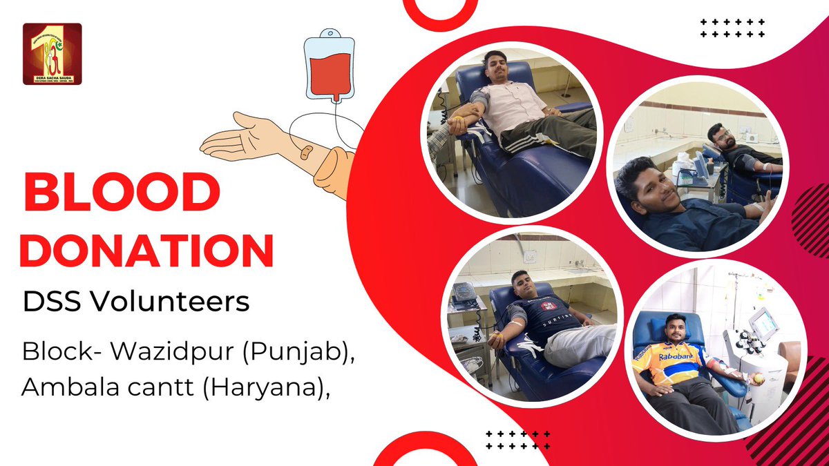 DSSNewsUpdates's tweet photo. Every drop of blood🩸can gift someone a new lease on life. Dera Sacha Sauda volunteers have once again stepped forward to donate blood for patients in dire need. Remember, by donating blood, we breathe life into someone's world. #DonateBloodSaveLife #BloodDonation #DeraSachaSauda https://t.co/wrydruo2fW