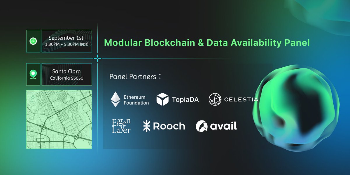TopiaLabs's tweet photo. 🌐 Exciting News! 
Join us on Sept. 1st, 1:30pm-5:00pm (PDT) in Santa Clara, CA, for a cutting-edge Modular Blockchain & Data Availability Panel. 

🔗 Partnering with @ethereum 
@CelestiaOrg @eigencloud @RoochNetwork @AvailProject. 

Don't miss out on this insightful event! 

#BlockchainPanel #DataAvailability #TechInnovation 🚀