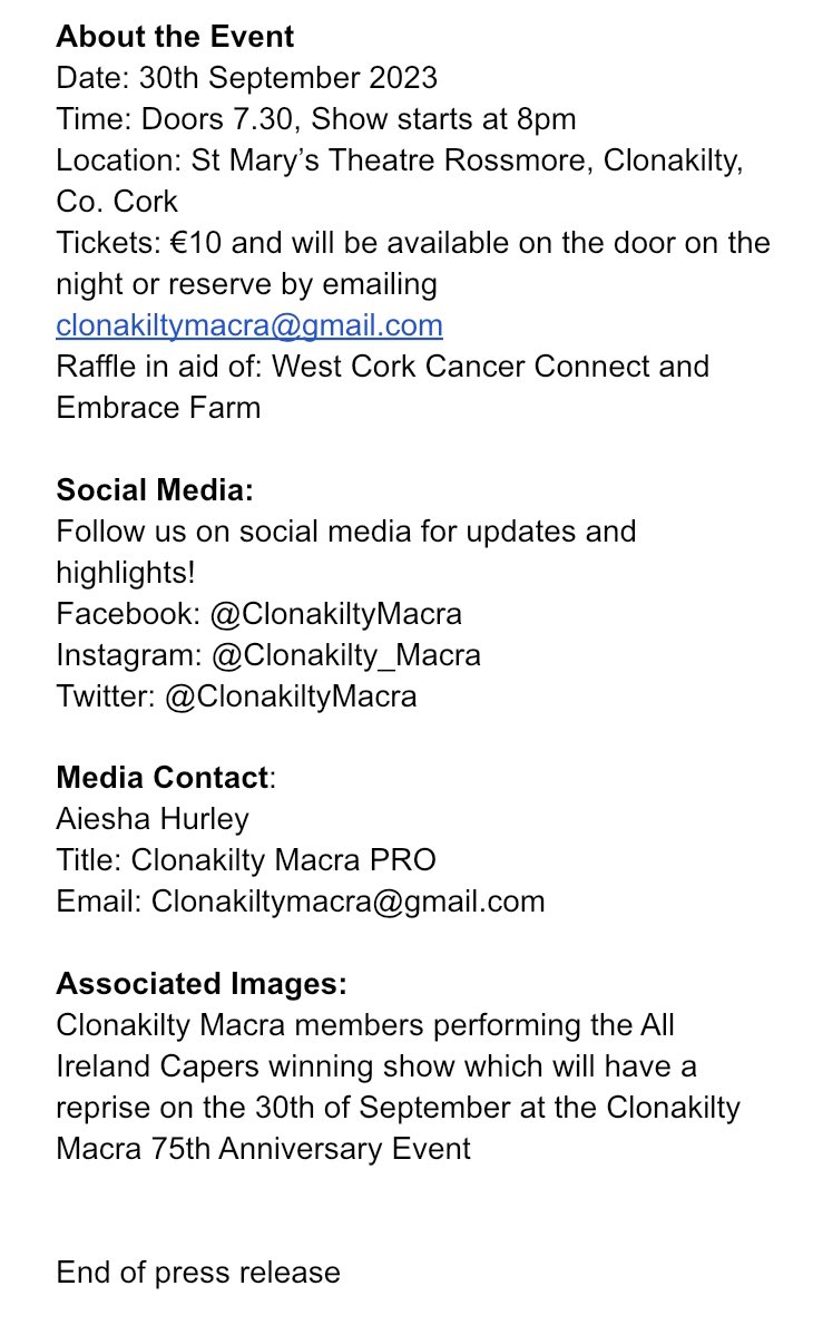 PRESS RELEASE August 2023

Join Us in Celebrating 75 Years of Clonakilty Macra!

On the 30th of September 2023, St. Mary’s Theatre, Rossmore will be the venue for the 75th Anniversary of Clonakilty <a href="/MacranaFeirme/">Macra na Feirme</a>.