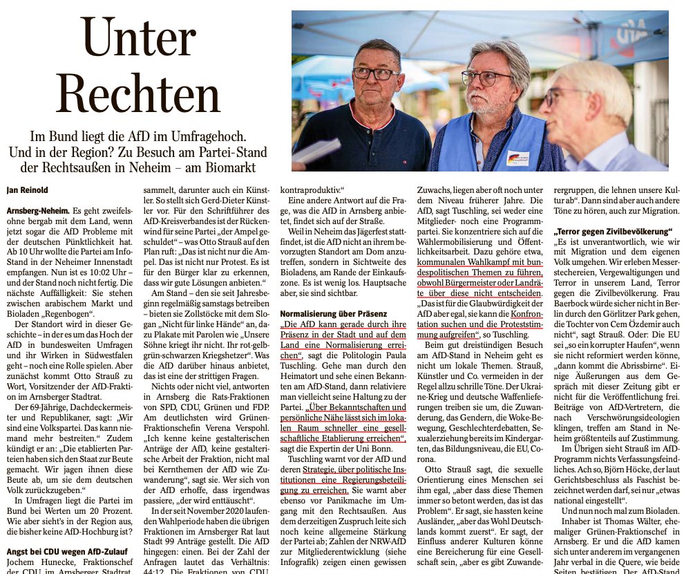 PaulaTuschling's tweet photo. „Die AfD kann gerade durch ihre Präsenz in der Stadt und auf dem Land eine Normalisierung erreichen“ - Über kommunale Strategien der AfD habe ich diese Woche mit der #Westfalenpost gesprochen @WPArnsberg @DasSauerland 👇 https://t.co/w3sMjRegRb