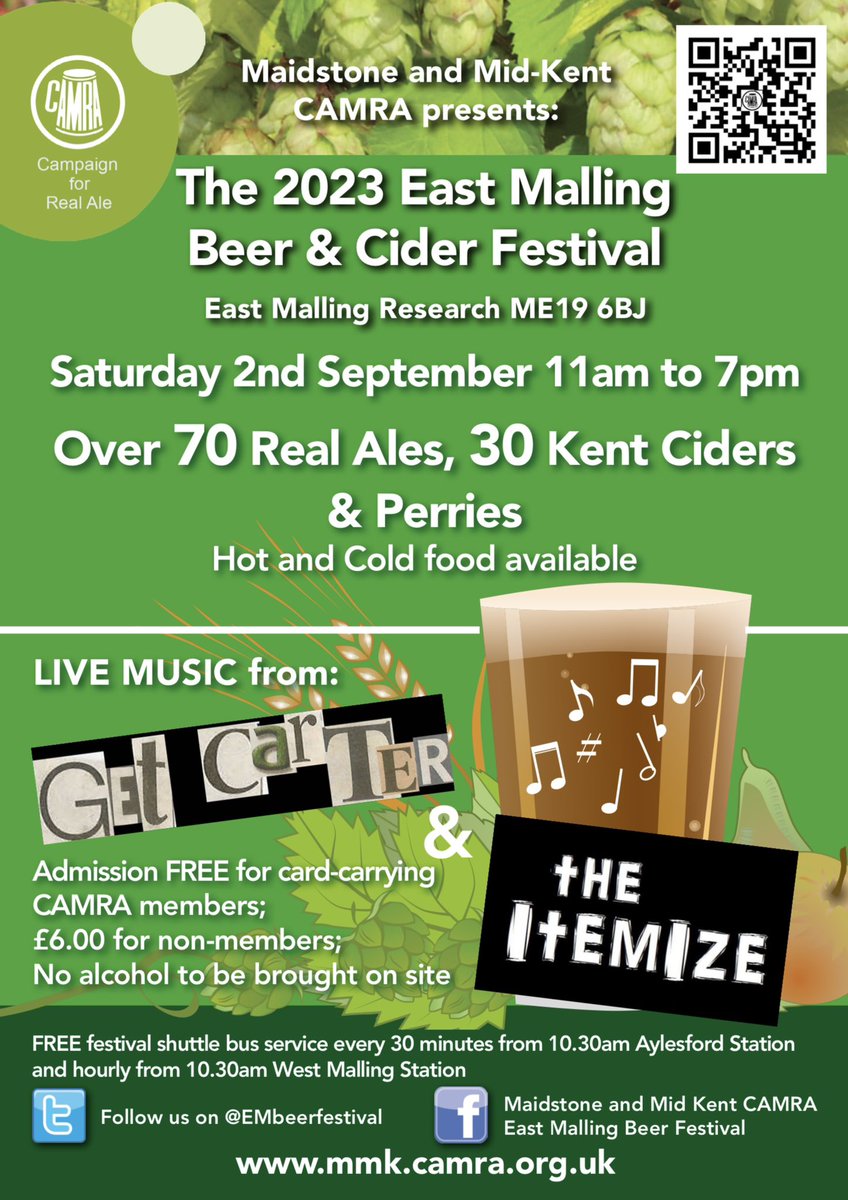 MMKCAMRA's tweet photo. Only one week until @EMbeerfestival 2023. Remember our free shuttle bus service is amended and will now also pick up and drop off at County Hall in #Maidstone. Full details at https://t.co/3VQoefmP1o 🚌➡️🍺 https://t.co/u0NKo8N4IU