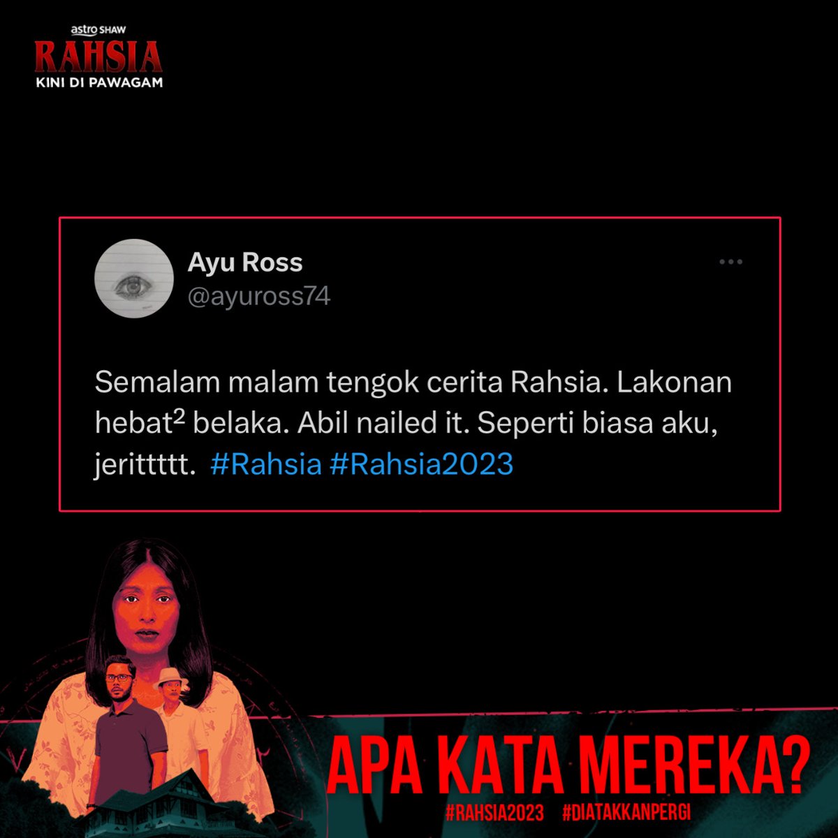 AstroShaw's tweet image. Konflik kekeluargaan tu yang Min pun rasa best penceritaan dia dalam Filem RAHSIA ni. 🤫

Filem RAHSIA Kini Di Pawagam. 

Dia Takkan Pergi.

Daripada Penerbit Filem Dukun &amp;amp; Pusaka.

#Rahsia2023 #SembangEntertainment #NewReleases #MovieRecommendations