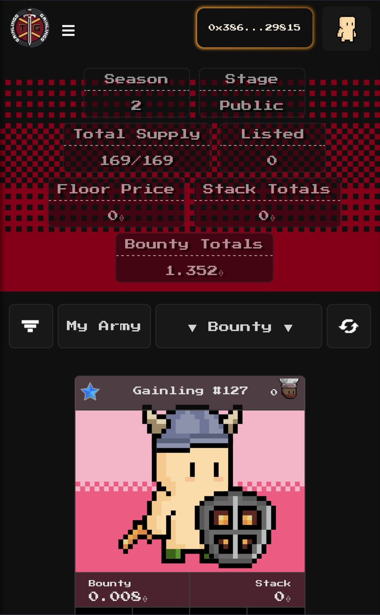 169 <a href="/thegainlings/">The Gainlings</a> currently minted and ready to duke it out for Season 2! 💪

💰 Bounty total currently sitting at 1.352ETH 

The more I dive in, the more I love what there building! 

To put it simply!
You mint your <a href="/thegainlings/">The Gainlings</a> and the mint value is its starting bounty. Once