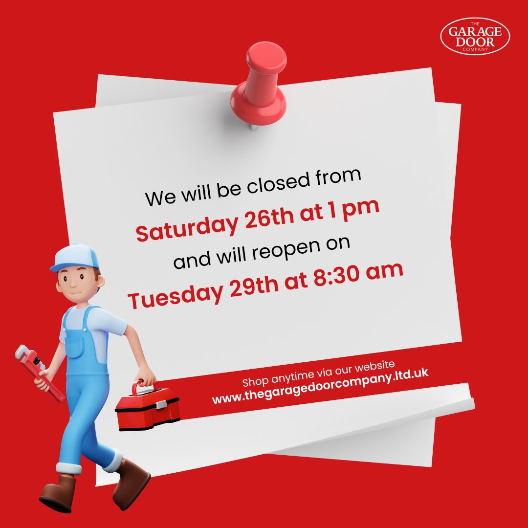 TGDCO's tweet photo. We'll be closing at 1 pm today for the bank holiday weekend. However, our website is always open, so you can shop at a time that suits you. 

📲 https://t.co/OaSEHC7bOi
📩 info@thegaragedoorcompany.ltd.uk

Enjoy your weekend! 😊

#thegaragedoorcompany #garagedoor https://t.co/BIWIudtYmh