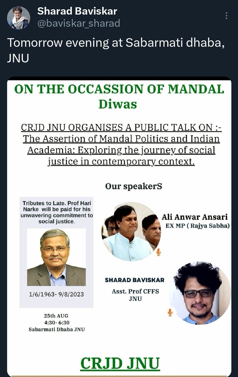 jnu_rjd's tweet photo. CRJD JNU celebrated #MandalDiwas with a talk in JNU &amp; also paid tributes to Prof. #HariNarke who worked incessantly for the downtroddens and marginalized sections with his writings. https://t.co/oU8YAJbUyE