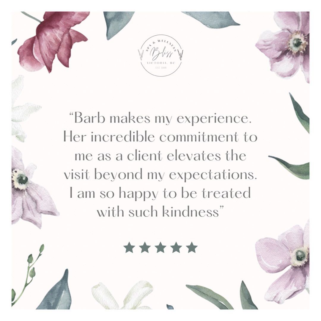 Reviews like this are why we do what we do 🤍😊

Barb is one of our amazing Advanced Licensed Esthetician’s and has been with us close to the start of Bliss. You will never regret your experience with Barb 🤍

#clientreview #massagetherapy #investinyourself #wellnessjourney