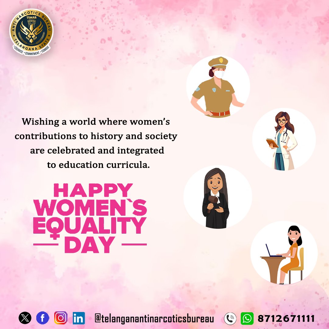 There is no limit to what a women can accomplish. HAPPY WOMEN'S EQUALITY DAY.
#drugfreetelangana #drugfreegeneration #Telangana
#tsnab #nodrugsnoregrets
 @TelanganaDGP @CVAnandIPS @narcoticsbureau
@TelanganaCOPs @hydcitypolice @cyberabadpolice
@RachakondaCop @HYDTP @TS_SheTeams