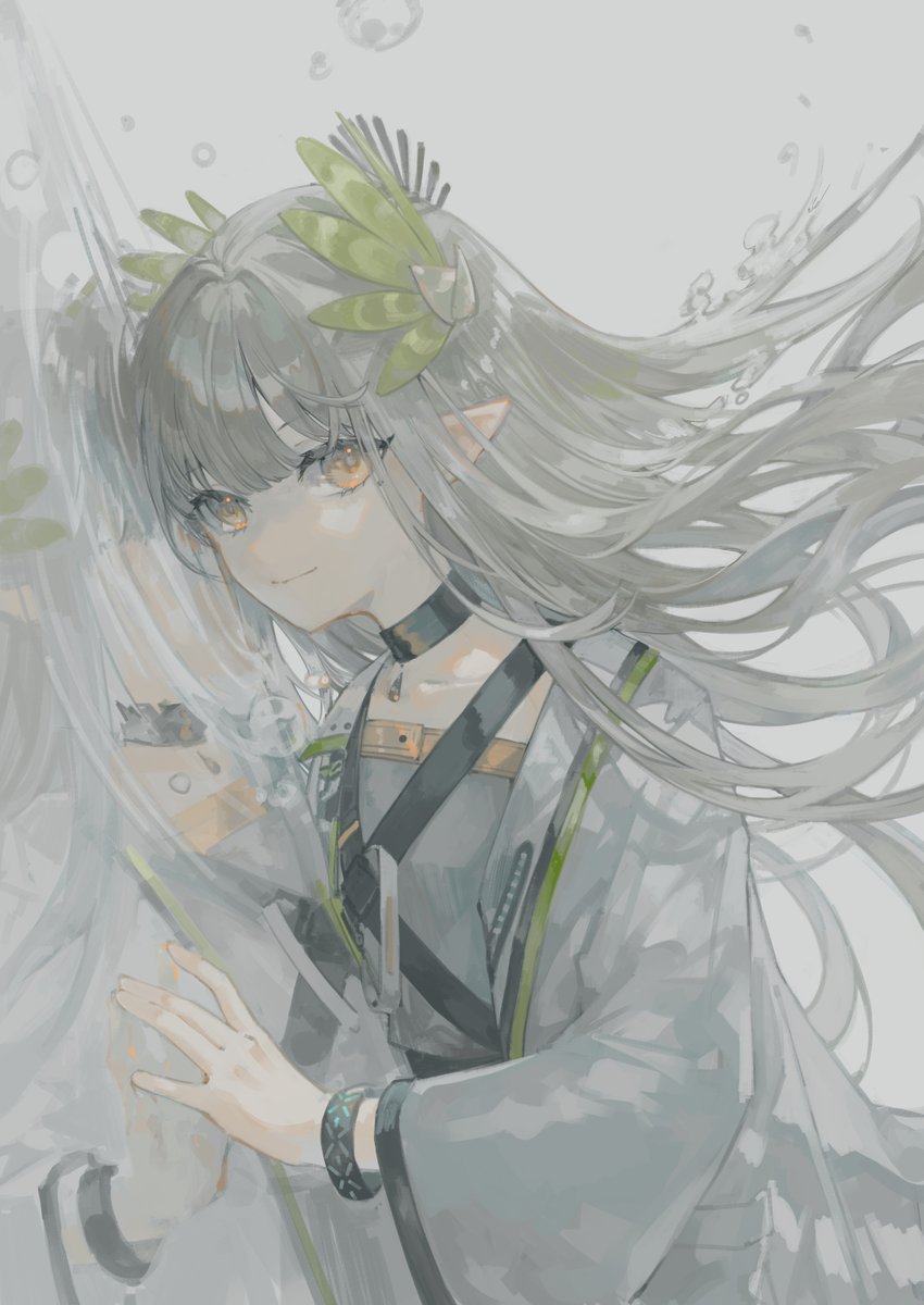 pointy ears long hair reflection 1girl solo grey hair smile  illustration images