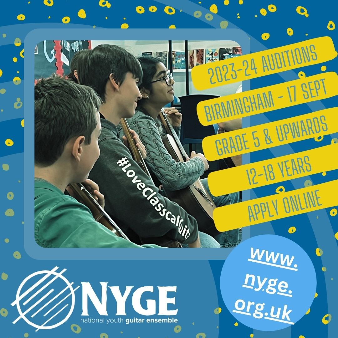 NYGE_org's tweet photo. National Youth Guitar Ensemble in Birmingham are holding auditions for the 2023-24 season on 17 Sept.
Teachers - please think of any students who might enjoy this and encourage them to apply online - it's a whole bunch of fun!!! #guitarensemble #guitareducation #classicalguitar https://t.co/GRQZz9EM2I