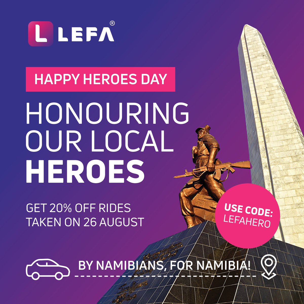 LEFA_Namibia's tweet photo. Happy Heroes Day Namibia 🇳🇦
If you’re travelling, be safe and enjoy responsibly. 📲🚖
Use promo code: LEFAHERO to get 20% off your ride taken on the 26th August.
#enjoyresponsibly #dontdrinkanddrive #heroesday #catchalefa https://t.co/x6LiJGJZeD