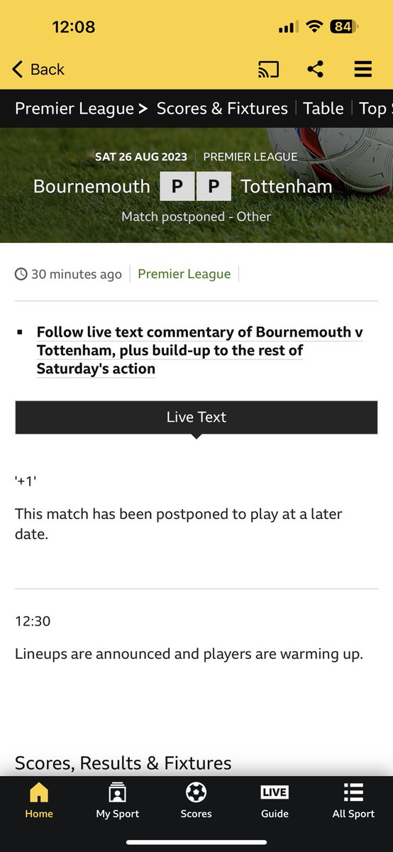 SadiqAlam_'s tweet image. Why does the BBC show the bournemouth vs Tottenham as postponed? #bbcsports #Tottenham #spurs #postponed