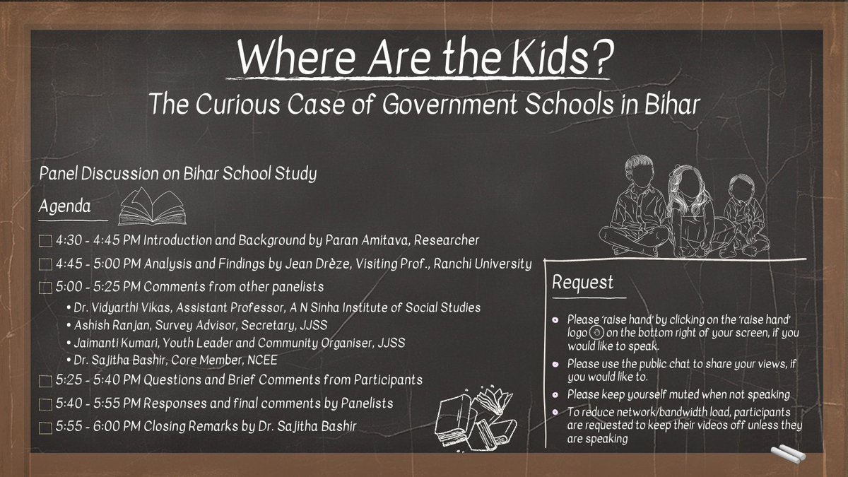 EduEmergency's tweet photo. The webinar on "Where Are the Kids?: The Curious Case of Government Schools in Bihar" has started, please join us in live discussion. 
Webinar link: https://t.co/TLHGYlKBCe

YouTube LiveStream link: https://t.co/eZVzIQWuR4

🗓 Saturday, 26 Aug, 2023  
⏰ 4.30 PM - 6.00 PM IST https://t.co/iIQMRUiT90