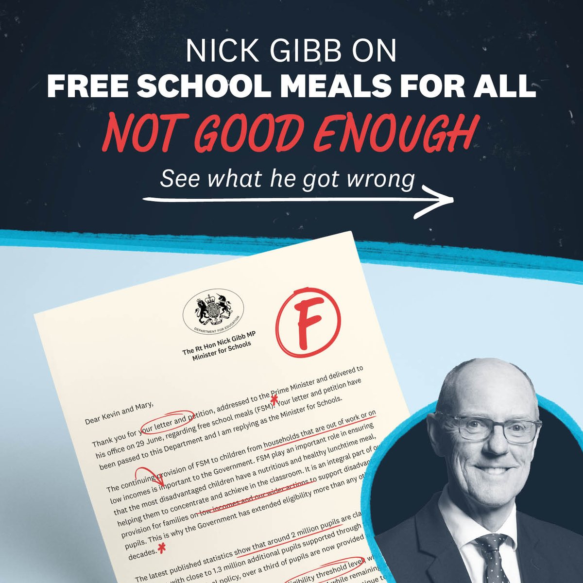 We've got mail 📮 In June, we delivered our open letter to the Government, calling for #FreeSchoolMealsForAll. This response from Schools Minister Nick Gibb is just not good enough. To end child hunger in our schools, we need a plan, not platitudes. 🧵 1/7