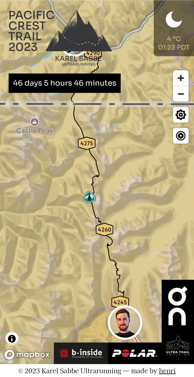 1;30am, one marathon to go. #KarelSabbe is running on his own to the Northern Terminus.
His family will hike in from 6am to welcome the new recordholder #FKT on the #PCT 
All garbagecans on the road are informed not to talk to Karel if he starts hallucinating... 😉