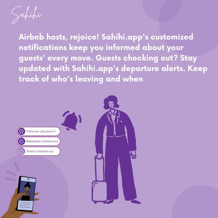SahihiApp's tweet photo. "Host hassle-free on Airbnb! 🏠✨ Get alerts for guest check-ins &amp; check-outs, ensuring confidence at every step.

#Sahihiapp #Sahihinotifications #Airbnb #Hospitalitysimplified #Nairobi https://t.co/cpXymkpQix