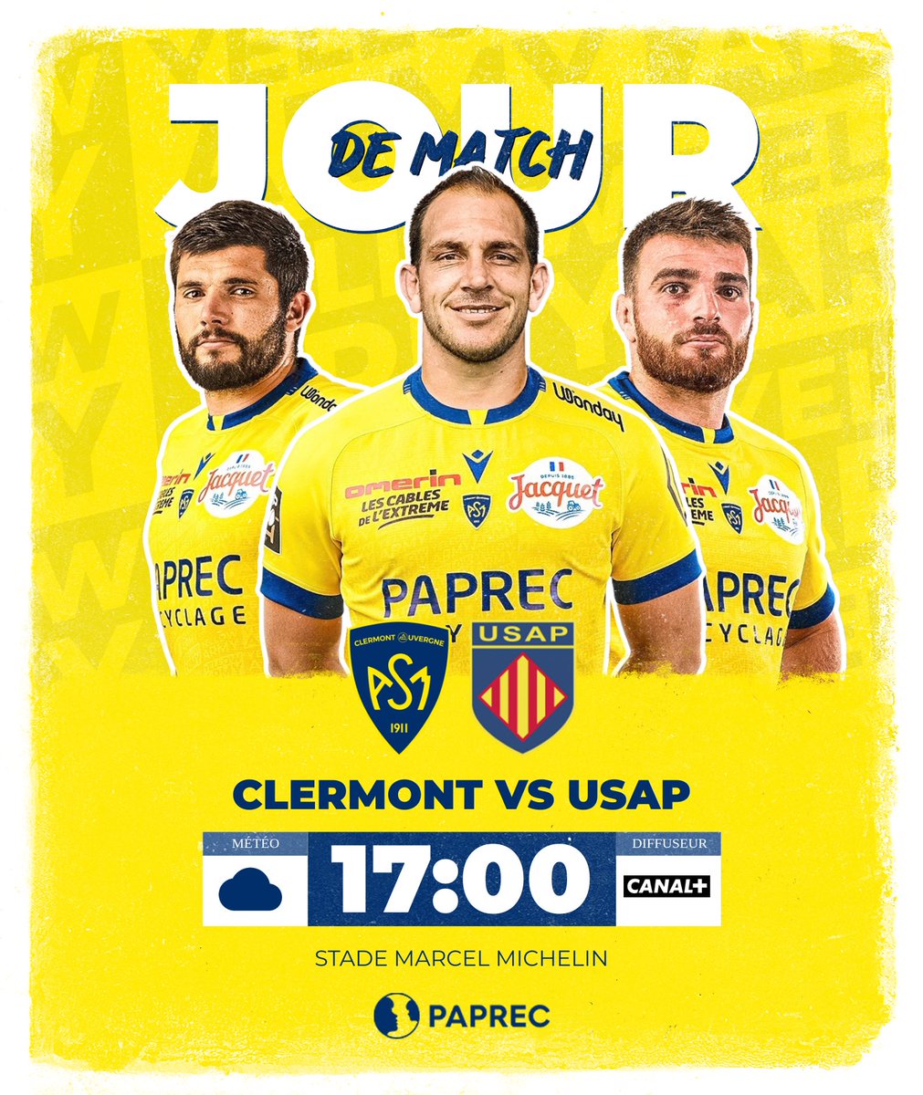 🟡🔵 𝗝𝗢𝗨𝗥 𝗗𝗘 𝗠𝗔𝗧𝗖𝗛 👊🏻

🆚 <a href="/usap_officiel/">USAP</a> 
🏉 <a href="/top14rugby/">TOP 14 Rugby</a> 
📍Stade Marcel-Michelin
⏱17h00 (coup d'envoi) 
🎫 billetterie.asm-rugby.com/fr 
📺 <a href="/canalplus/">CANAL+</a> Rugby +
🌥️ 20-22°
👉🏻 #ASMUSAP  | #YellowArmy