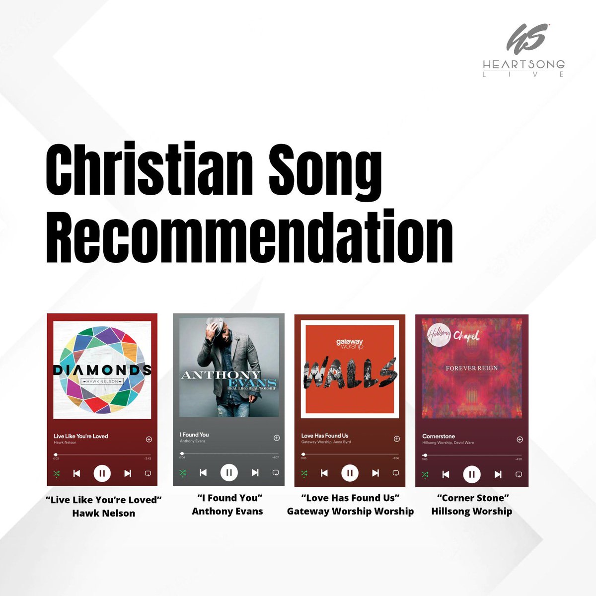 Which of these recommended Christian songs have you listened to yet? 

Tag a friend and recommend one of these to them. 👇🏾😇
.
.
.
.
.
#heartsong #heartsongliveradio #heartsonglive1 #christian #jesus #bible #god #faith #jesuschrist #christianity #church #bibleverse #prayer