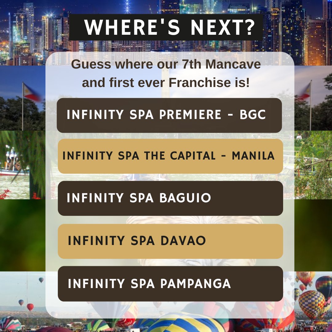 There is no stopping #InfinitySpa from conquering the archipelago. We can't wait to unveil your 7th Mancave (very first Franchise). It's time to guess where it is! ♾🤯 7 winners will win a Gift Certificate who can correctly guess the location! Just quote this tweet with your…