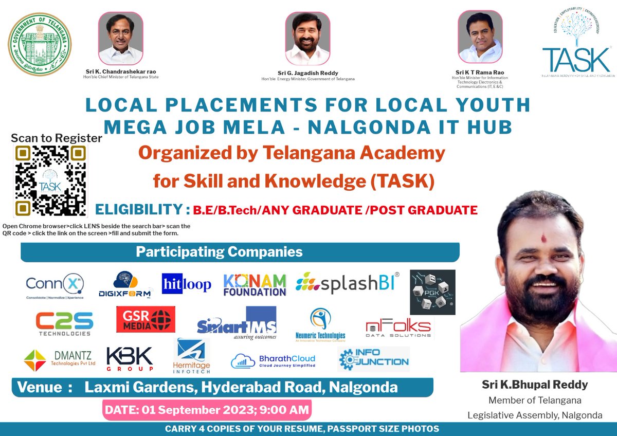 tasktg's tweet photo. @taskts conducting #MegaJobMela at #NalgondaITHub scheduled to be held on 1st September 2023 at Lakshmi Garden, Hyderabad Road #Nalgonda in the presence of  @KTRBRS @BhupalReddyTRS @jagadishBRS @Collector_NLG
@VijayRangineni @ShrikantNF @SdTask #Jobs #Skills #employability https://t.co/LS0oA9qaW2