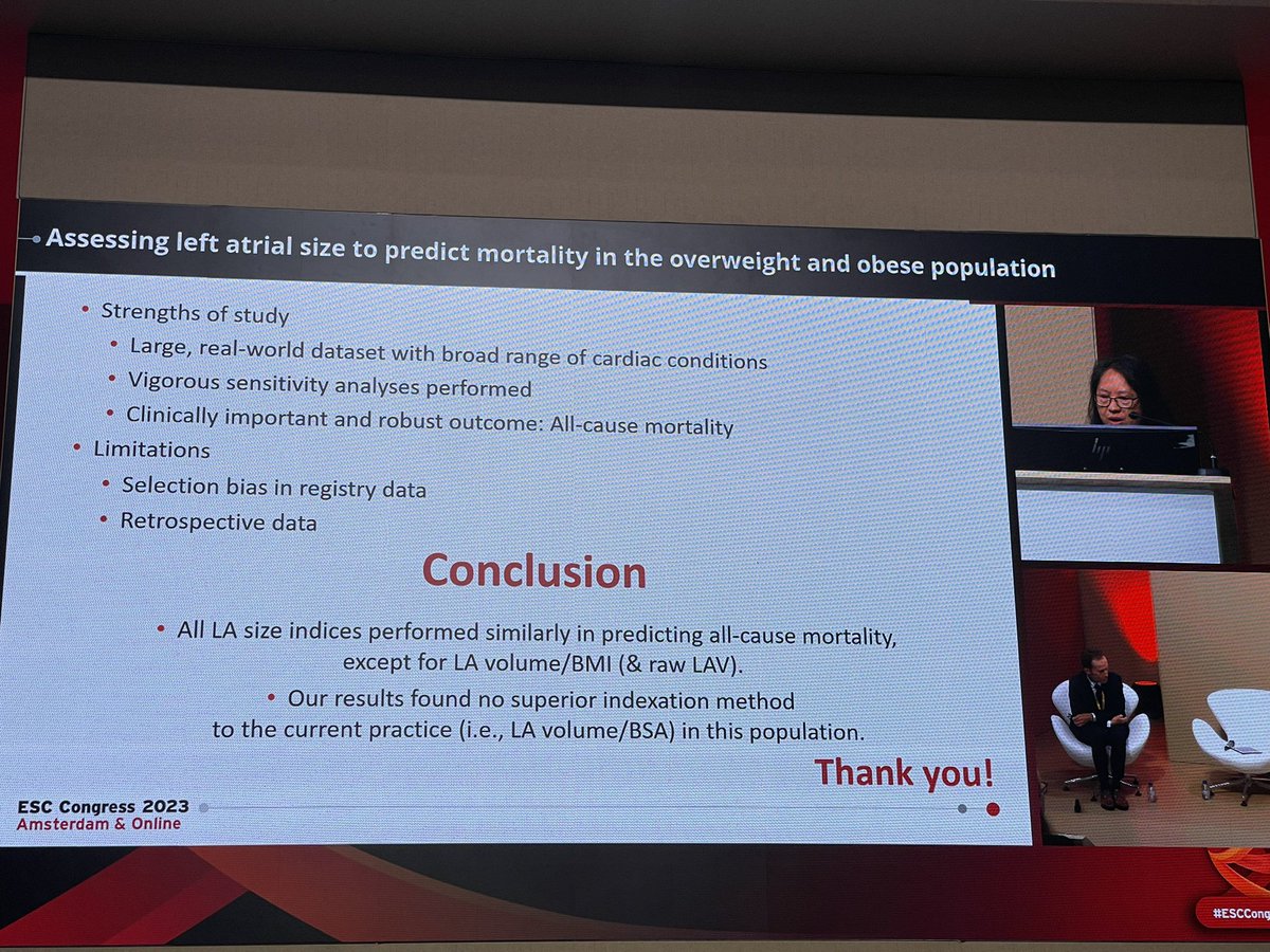Well done Christine, our PhD student <a href="/NBMLHD/">Nepean Blue Mts LHD</a> <a href="/BeardedHeartDoc/">Faraz Pathan</a> 
Nice presentation using #NEDA data, showing similar predictive values of various LA volume indexations. Our data suggests current method of LAV/BSA is as good as others including LA indexed to height or height^2.7.