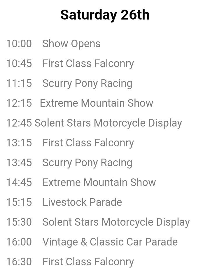 The show is ready for an amazing fun filled day!

Below is the main arena timetable!
Solent Stars is back again!

With so much else like Tom's Talking Reptiles /parties/birthdays/school talks/events 
Archery
Dog show

#eghamevents #royaleghamshow #surreyshows #familyfunuk