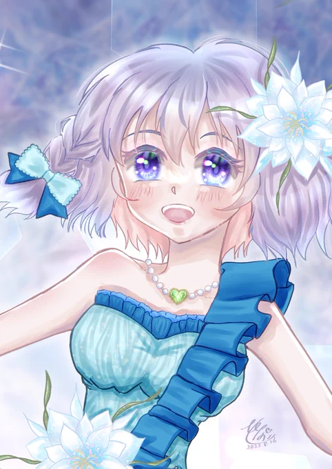 イラストの花は誕生花の月下美人ネックレスは誕生石のペリドットですめぐさんにとってこの一年が充実した飛躍の年になりますように 