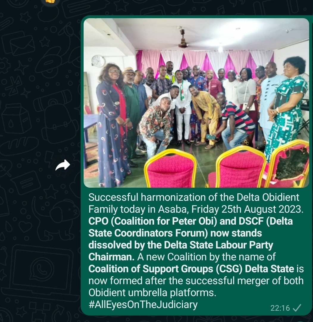 USGdeltastate's tweet photo. A new Coalition by the name of *Coalition of Support Groups (CSG) Delta State* is now formed after the successful merger of both Obidient umbrella platforms.  #AllEyesOnTheJudiciary https://t.co/WMiw1uG3Do