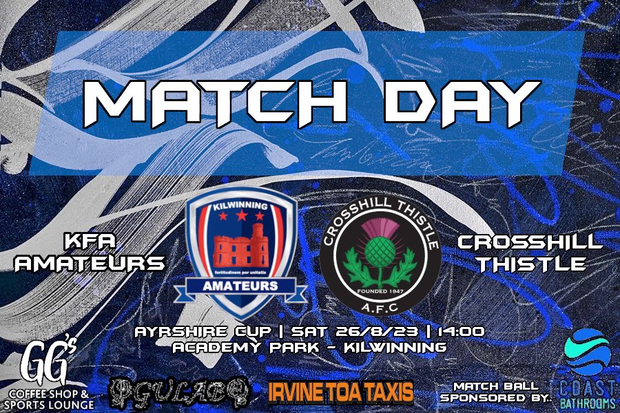 Game Day

This afternoon we’re back home at Academy Park in the first round of the Ayrshire Cup against <a href="/Crosshill_FC/">Crosshill Thistle</a> 

Come down and support the team!

#Gameday